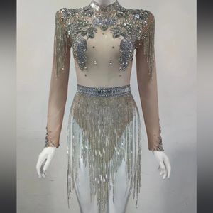 Diamond Drip Diamanté Tassel Bodysuit Dress for Birthday/Costume/Nightclub
